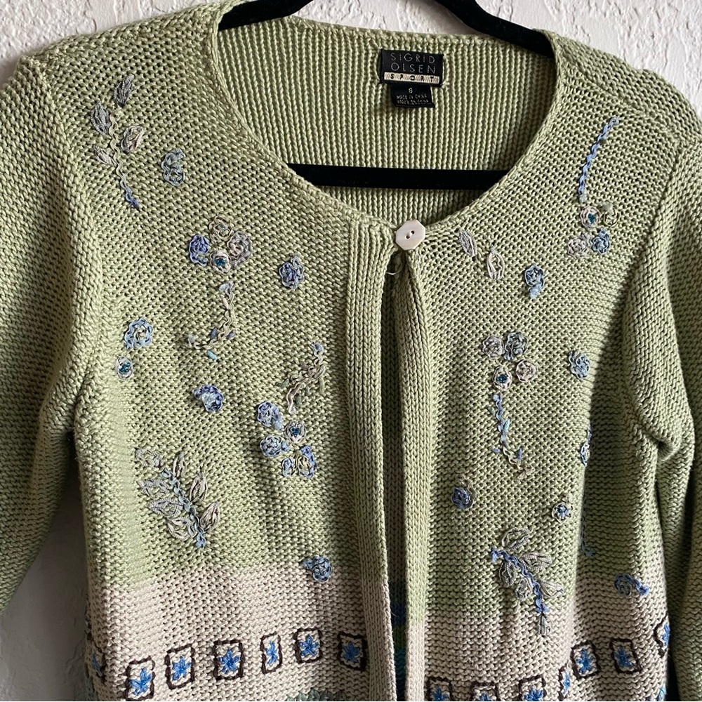 Sage Green Embroidered Cardigan with Floral Accents